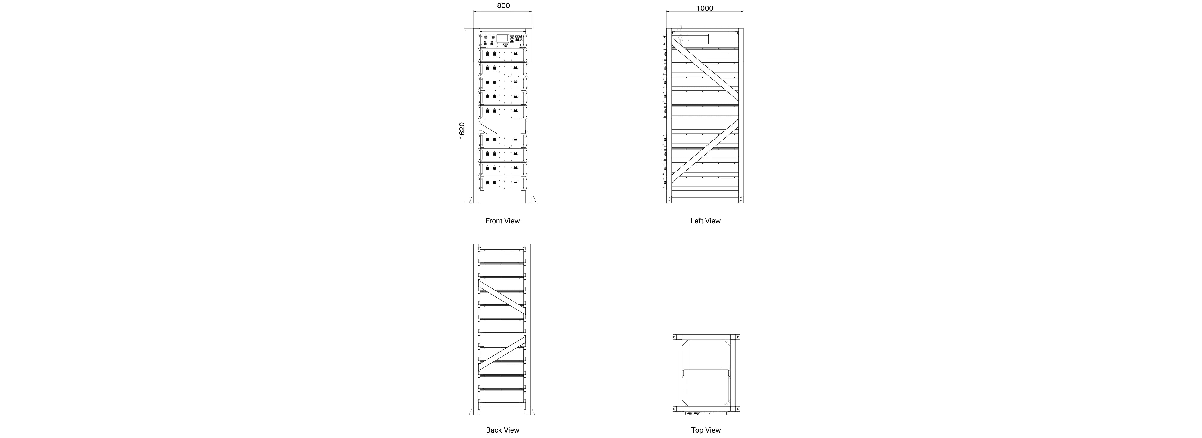 Technical drawing of the Zutto PowerVault01 energy storage system, including front view, side view, and structural details, showing dimensions and interface layout.