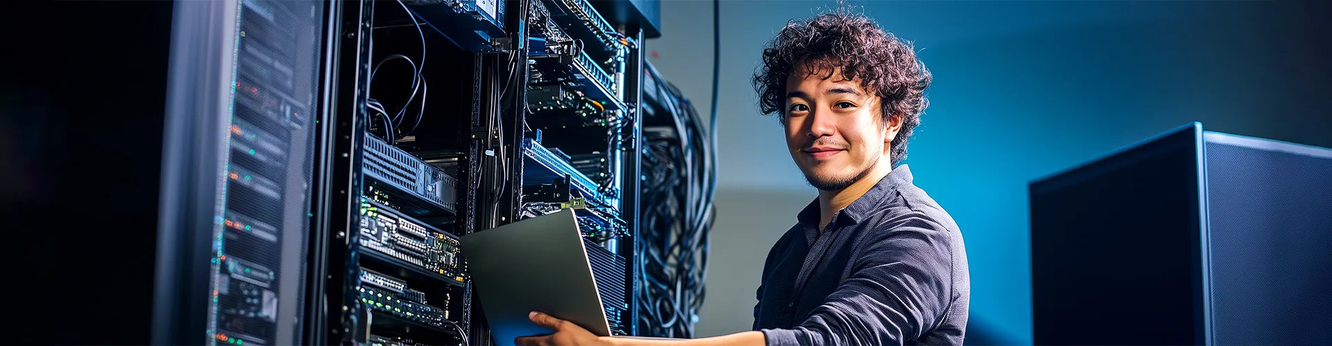 ZUTTO expert delivering advanced energy storage and ICT solutions. The image shows a professional inspecting high-performance server systems to ensure reliable data management and energy optimization.