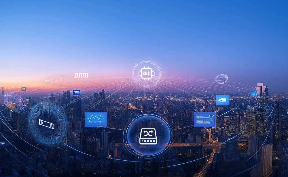 A digital representation of ZUTTO connecting businesses through innovative technology, driving future growth. The image highlights interconnected digital solutions over a cityscape at dusk.
