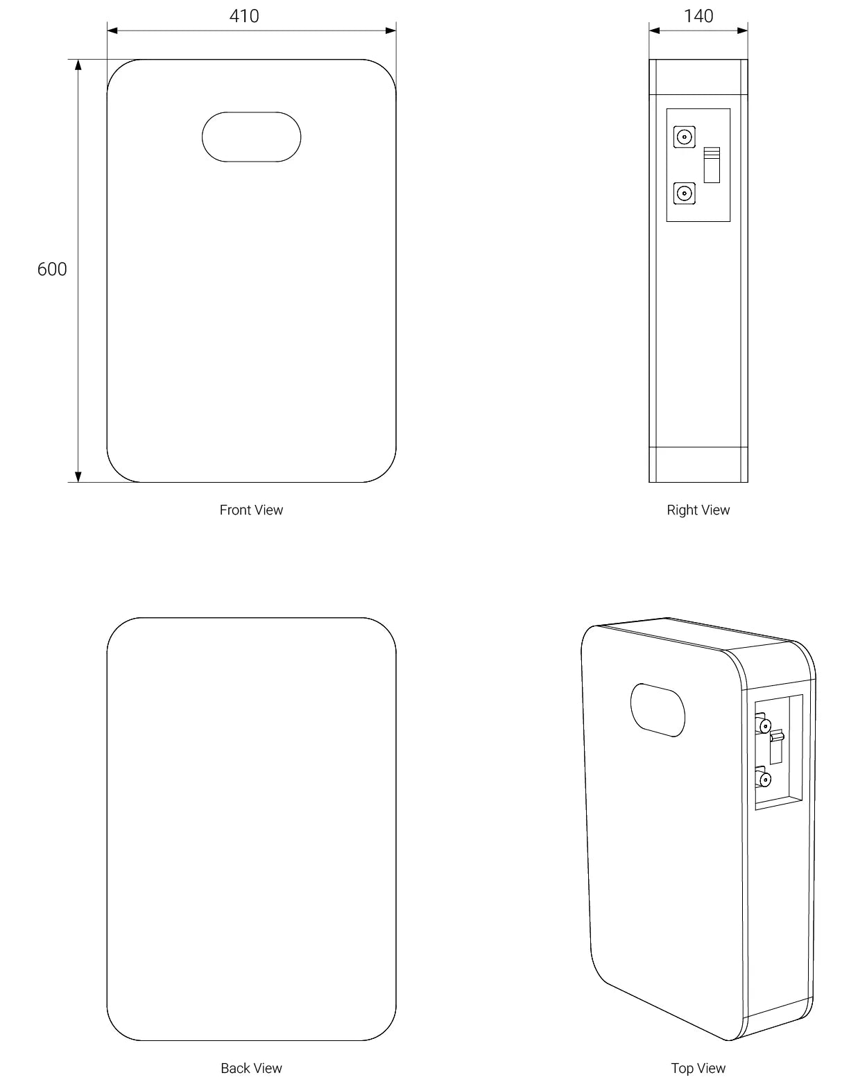 Technical drawing of the Zutto LifeGrid01 energy storage system, including front view, side view, and structural details, showing dimensions and interface layout.