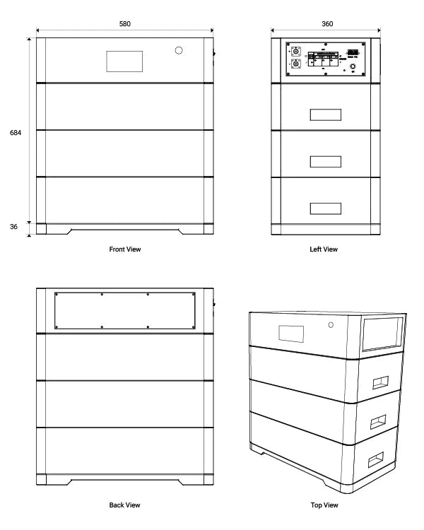 Mechanical dimensions of Zutto PowerCore 01 showing front, left, back, and top views for accurate installation planning.