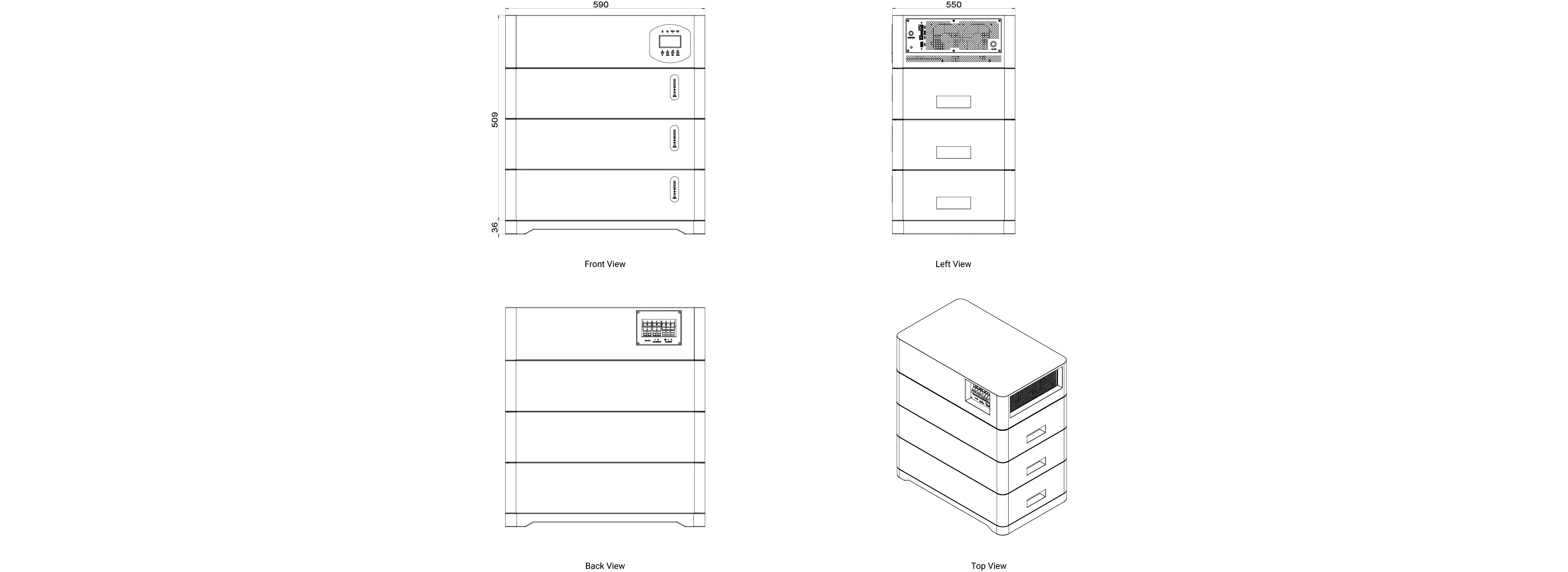 Mechanical dimensions of Zutto PowerCore 02 showing front, left, back, and top views for precise installation and planning.