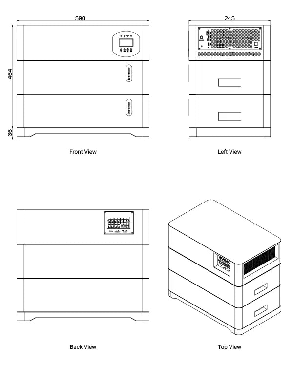 Mechanical dimensions of Zutto PowerCore 03, with front, left, back, and top views for installation planning.