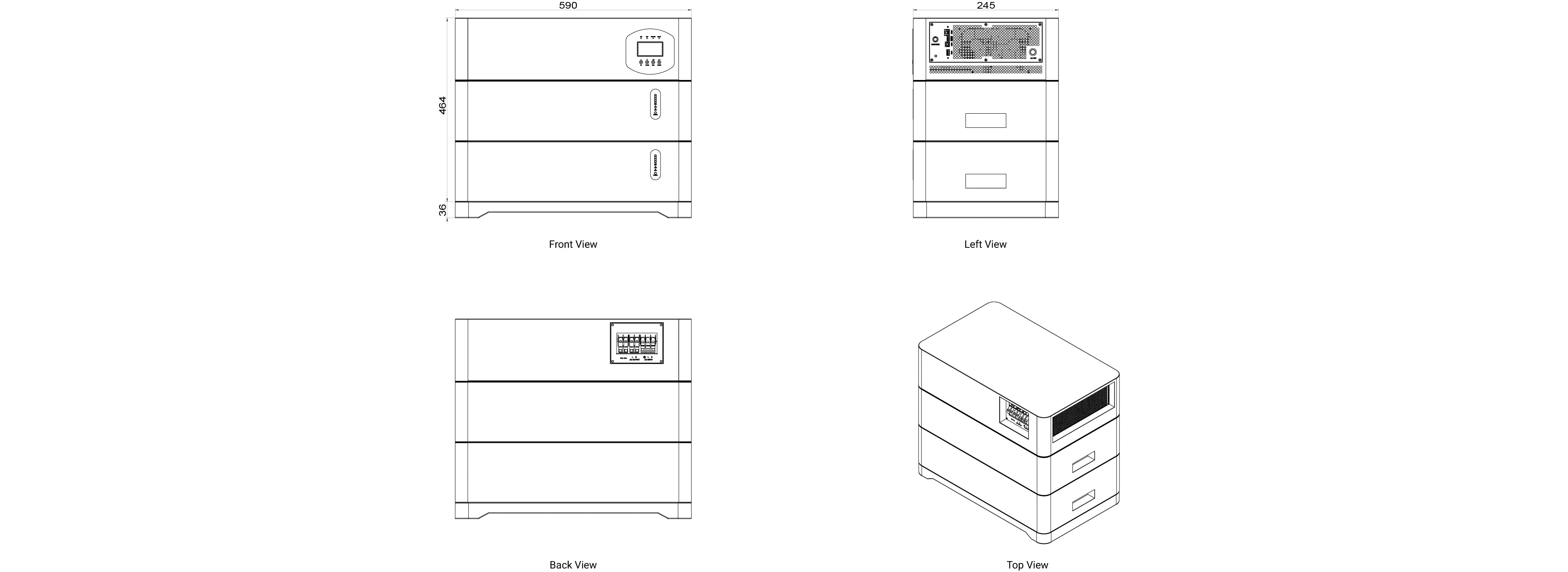 Mechanical dimensions of Zutto PowerCore 03, with front, left, back, and top views for installation planning.