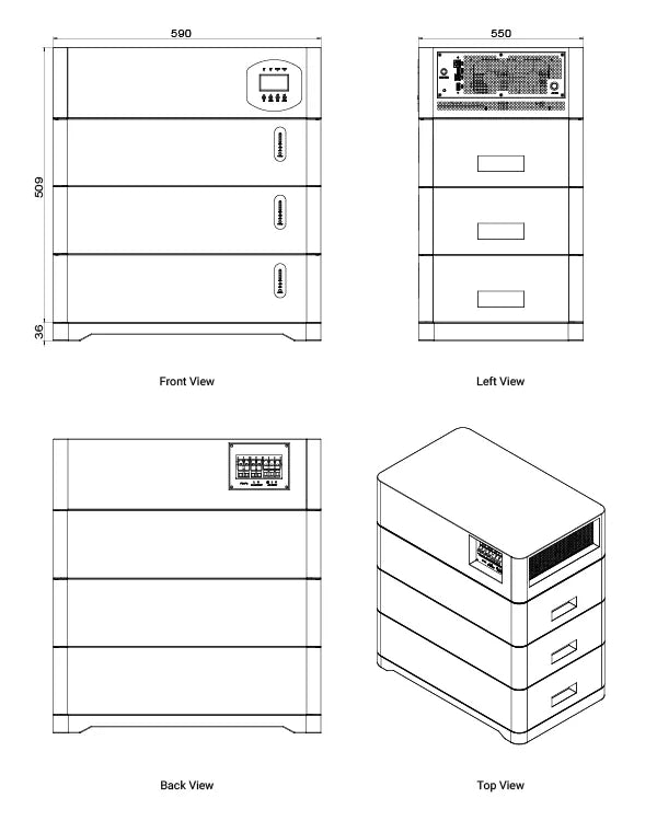 Mechanical dimensions of Zutto PowerCore 04 showing front, left, back, and top views for installation planning.