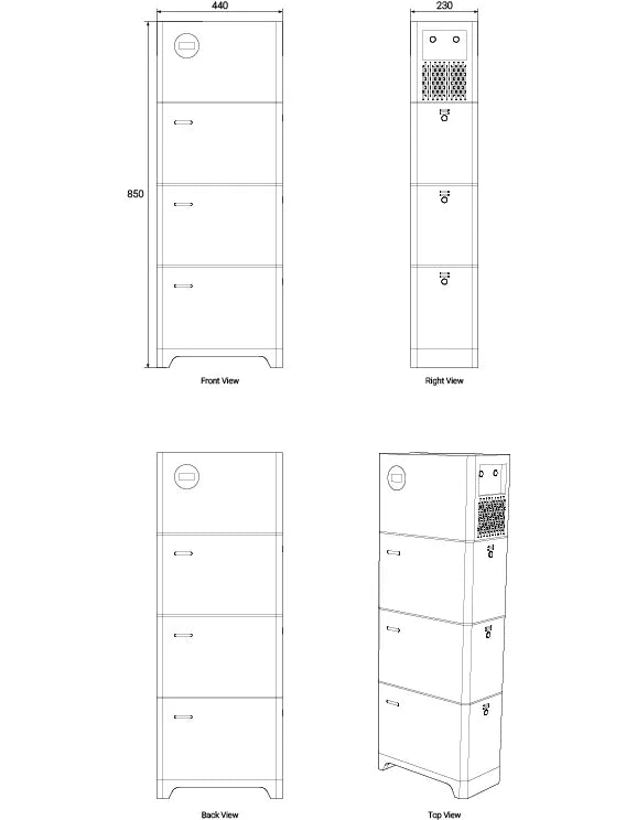 Mechanical dimensions of Zutto PowerCore 05 showing front, left, back, and top views for precise installation and planning.