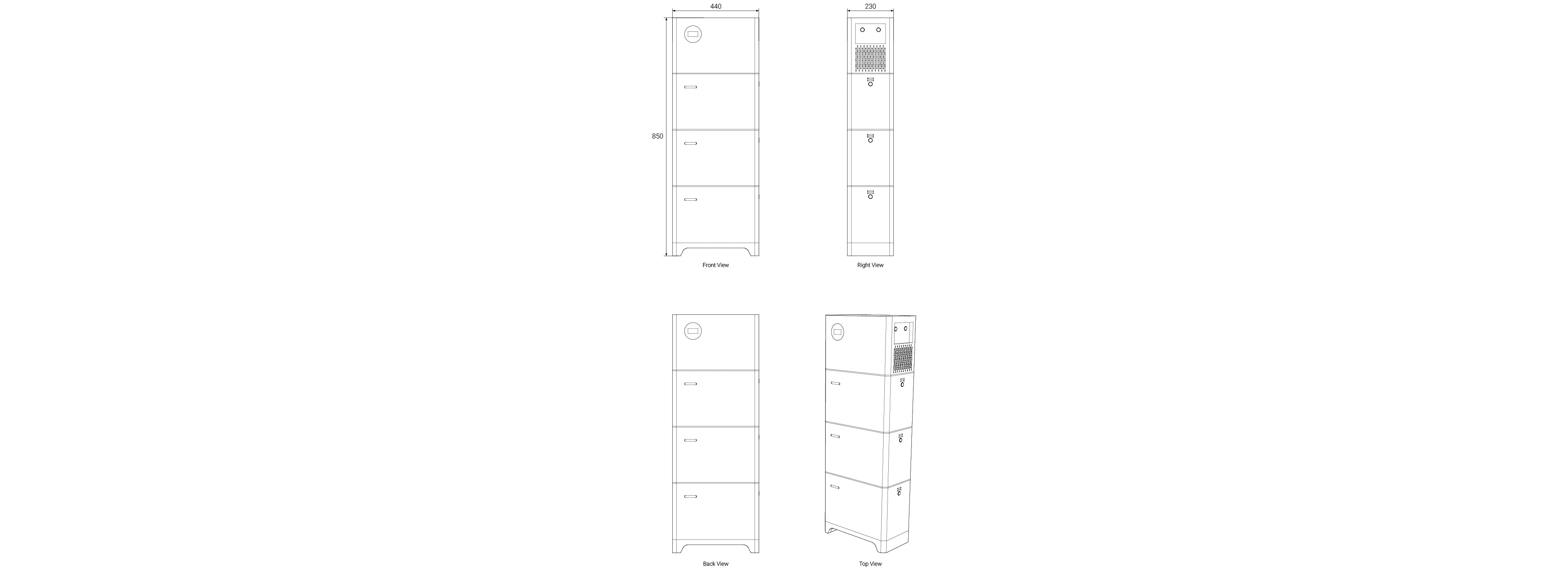 Mechanical dimensions of Zutto PowerCore 05 showing front, left, back, and top views for precise installation and planning.