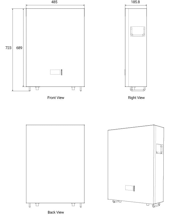 Mechanical dimensions of Zutto powercore07 showing front, left, back, and top views for precise installation and planning.