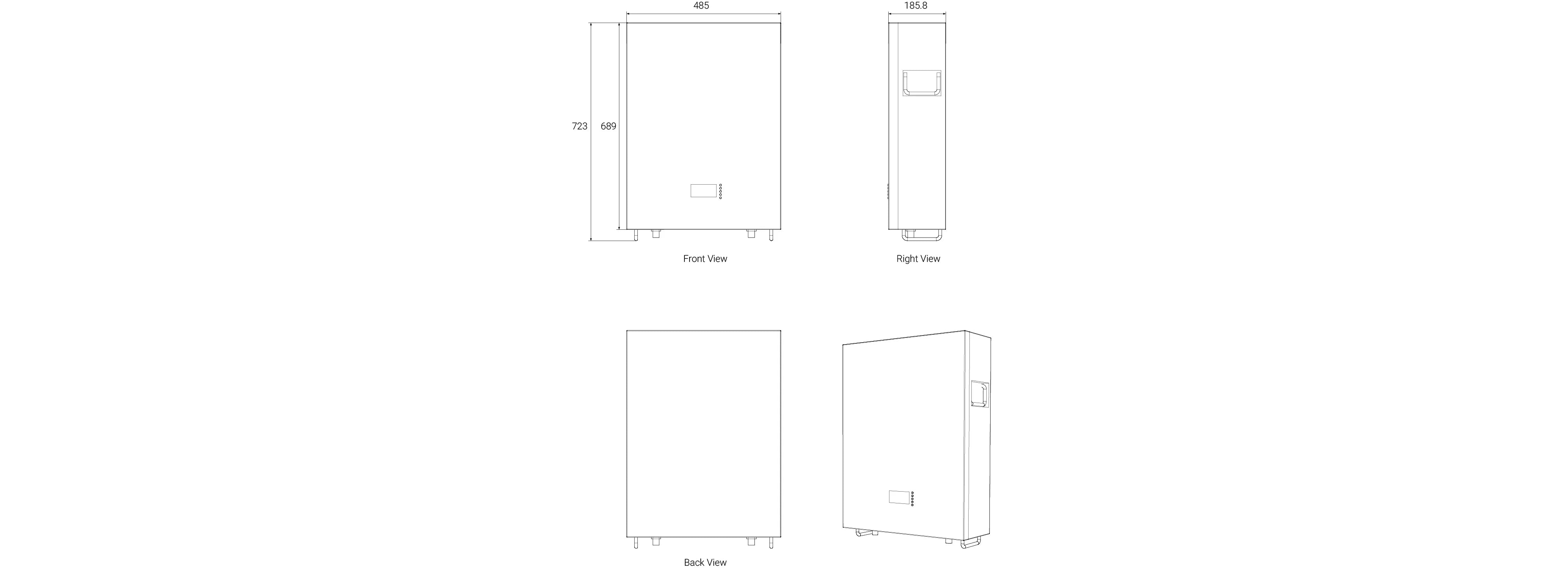 Mechanical dimensions of Zutto powercore07 showing front, left, back, and top views for precise installation and planning.