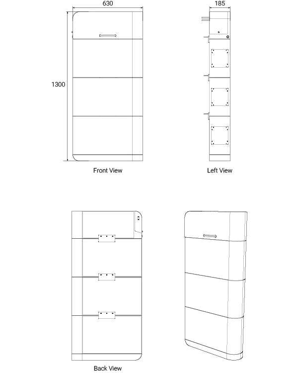 Mechanical dimensions of Zutto powercore08 showing front, left, back, and top views for precise installation and planning.