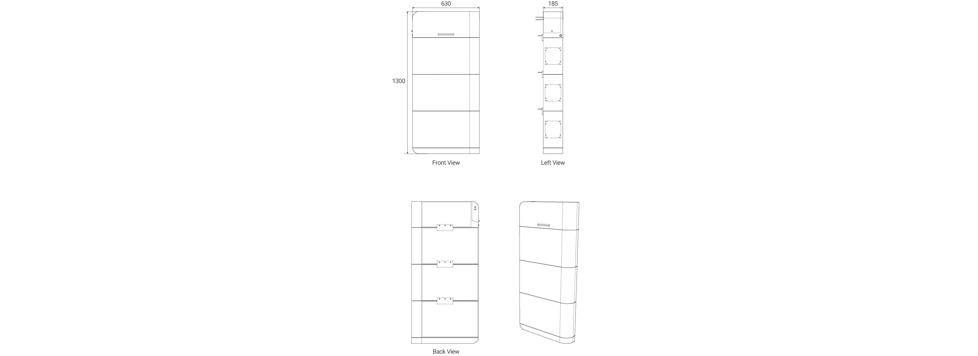 Mechanical dimensions of Zutto powercore08 showing front, left, back, and top views for precise installation and planning.