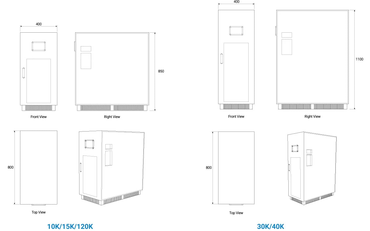 Detailed dimension specifications of Zutto PowerShield01 UPS for 10K, 15K, 20K, 30K, and 40K models. This industrial-grade uninterruptible power supply (UPS) is designed for stable power backup in critical applications such as data centers, factories, and large-scale commercial buildings in Singapore.