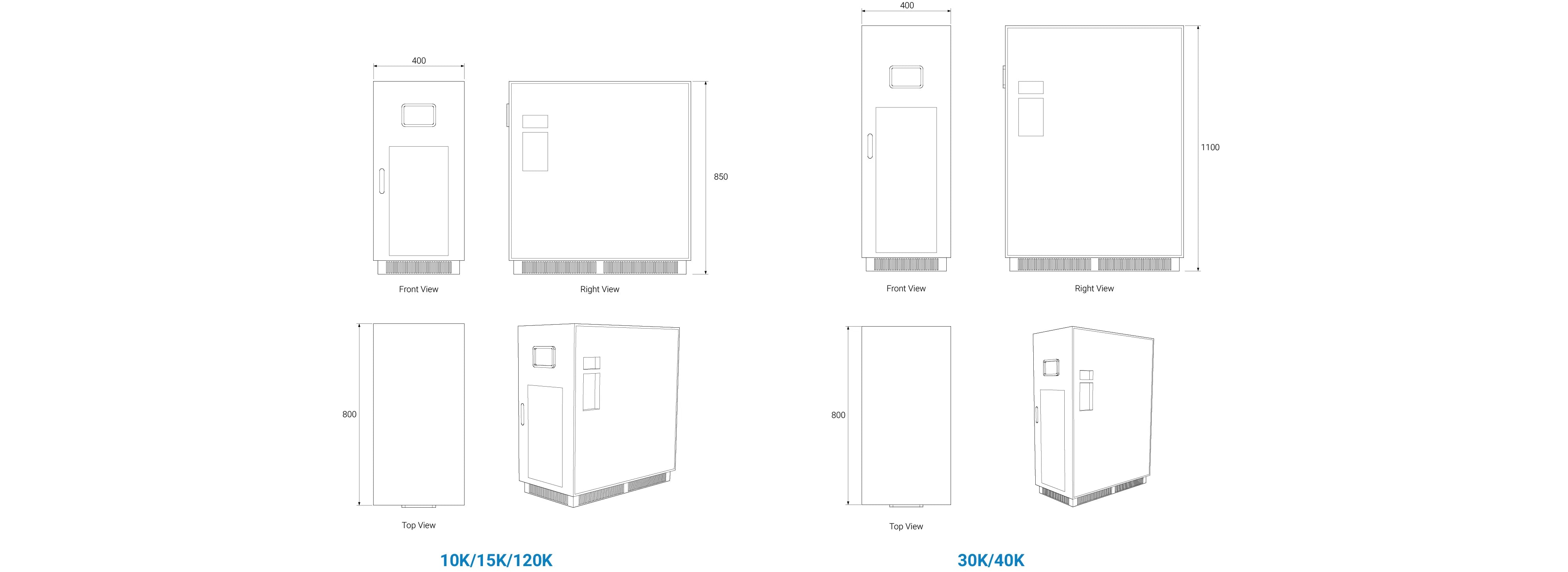 Detailed dimension specifications of Zutto PowerShield01 UPS for 10K, 15K, 20K, 30K, and 40K models. This industrial-grade uninterruptible power supply (UPS) is designed for stable power backup in critical applications such as data centers, factories, and large-scale commercial buildings in Singapore.