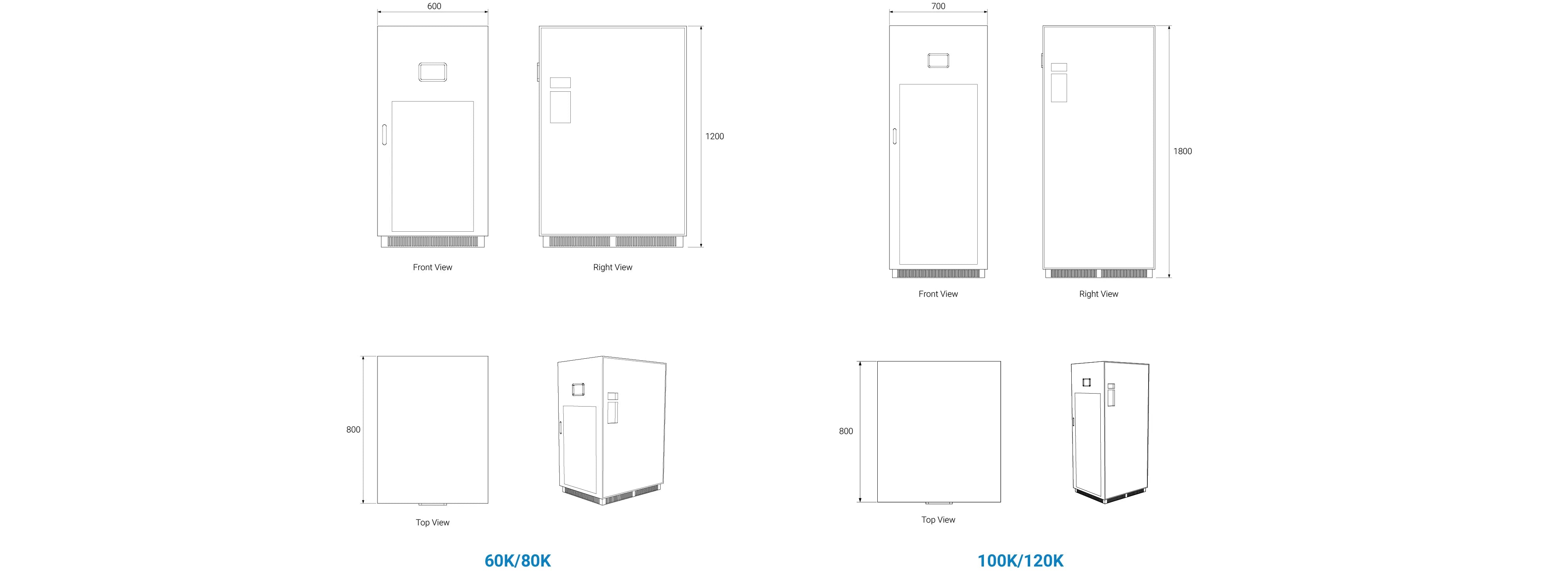 Comprehensive size chart for Zutto PowerShield01 industrial UPS models 60K, 80K, 100K, and 120K. Engineered for high-capacity power backup in mission-critical environments, including manufacturing plants, hospitals, and telecommunication facilities in Singapore.