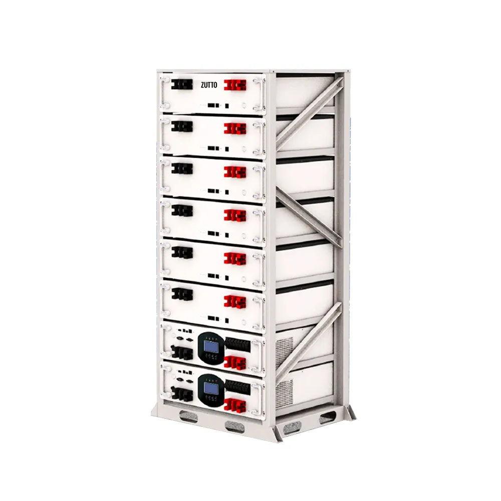 Zutto PowerVault03 modular energy storage system with scalable energy capacity from 28.6kWh to 57kWh and PCS power output of 10kW to 30kW, designed for industrial and large-scale commercial applications. Supports solar and grid power inputs with advanced safety protocols and smart communication (RS485/WiFi) for efficient energy management.