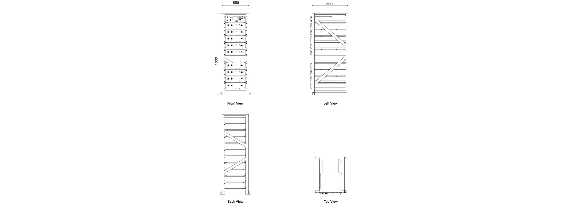 Zutto PowerVault04 high-voltage energy storage system technical dimension drawing, featuring front, left, back, and top views. Designed for large-scale industrial and commercial energy storage applications, it offers flexible battery capacities from 30.7kWh to 61.4kWh, with a maximum voltage of 614V. The modular design allows seamless integration with primary power grids or backup energy systems, ensuring efficient, safe, and stable energy management. Ideal for data centers, microgrids, renewable energy sto
