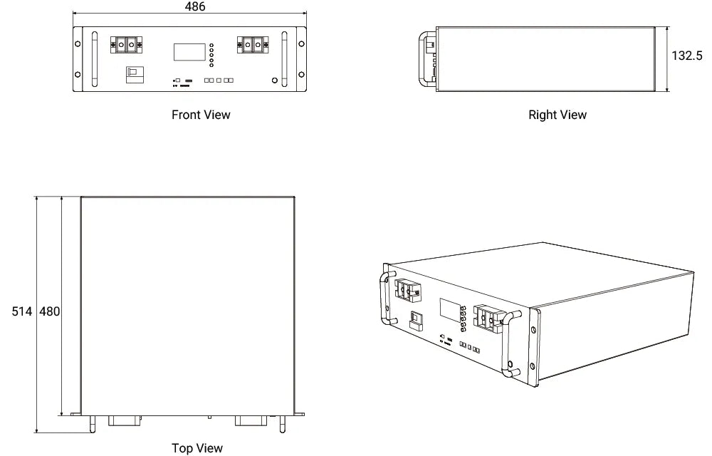 Mechanical dimensions of Zutto powervault15 showing front, left, back, and top views for precise installation and planning.