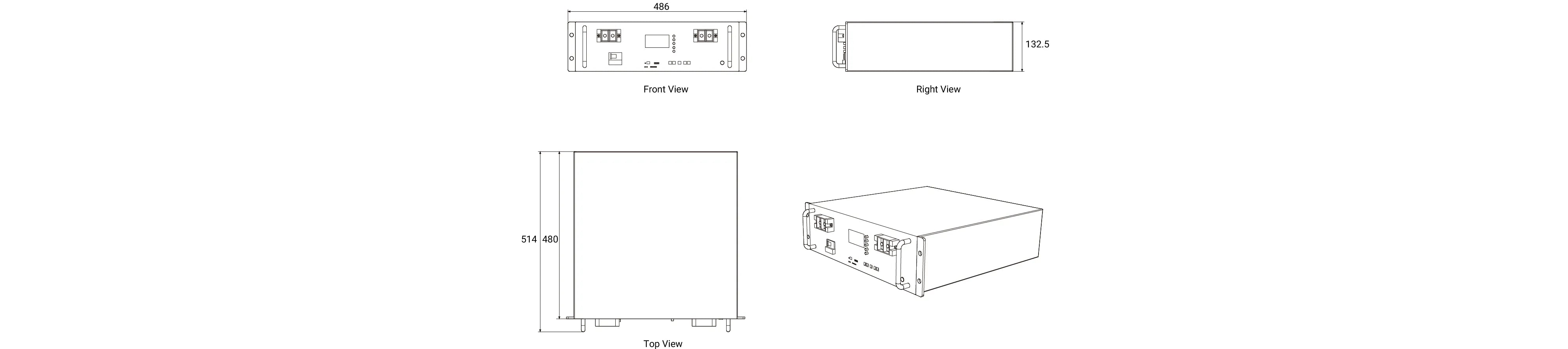 Mechanical dimensions of Zutto powervault15 showing front, left, back, and top views for precise installation and planning.