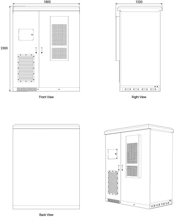 Mechanical dimensions of Zutto powervault16 showing front, left, back, and top views for precise installation and planning.