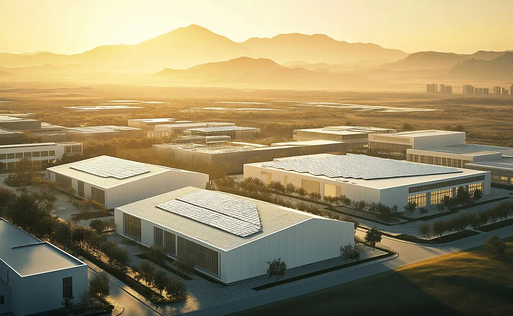 Aerial view of modern industrial buildings equipped with solar panels, representing ZUTTO's commitment to powering progress with smarter energy storage solutions.