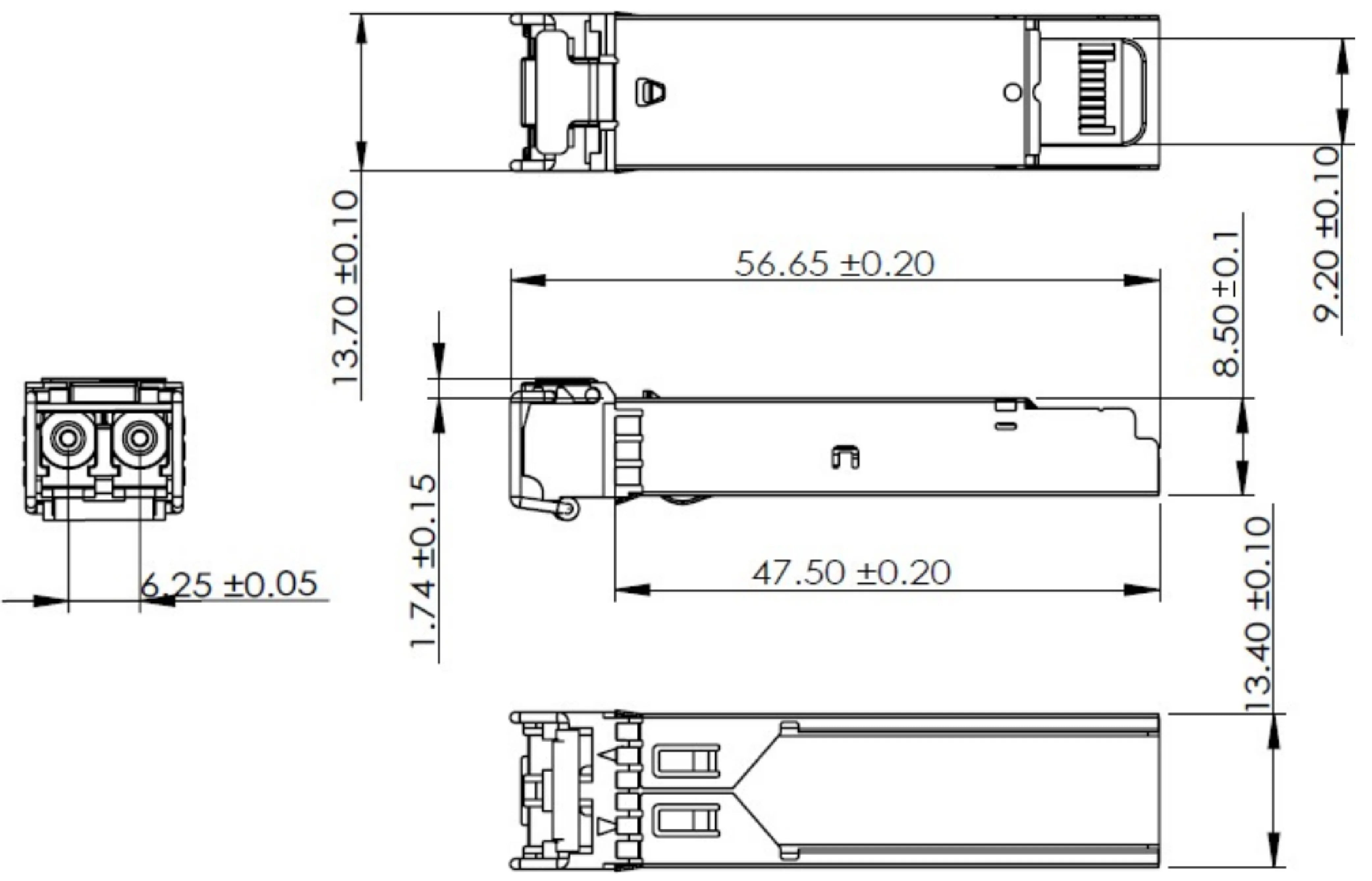 Zutto ZTSP-MM850001 1.25Gbps SFP optical transceiver dimension drawing, compliant with IEEE 802.3z 1000Base-SX standard, multimode dual-fiber design, featuring an 850nm VCSEL laser and PIN photodetector, suitable for data centers, metro networks, and fiber link expansion, standard LC duplex connector, hot-pluggable, with a maximum transmission distance of 550 meters.
