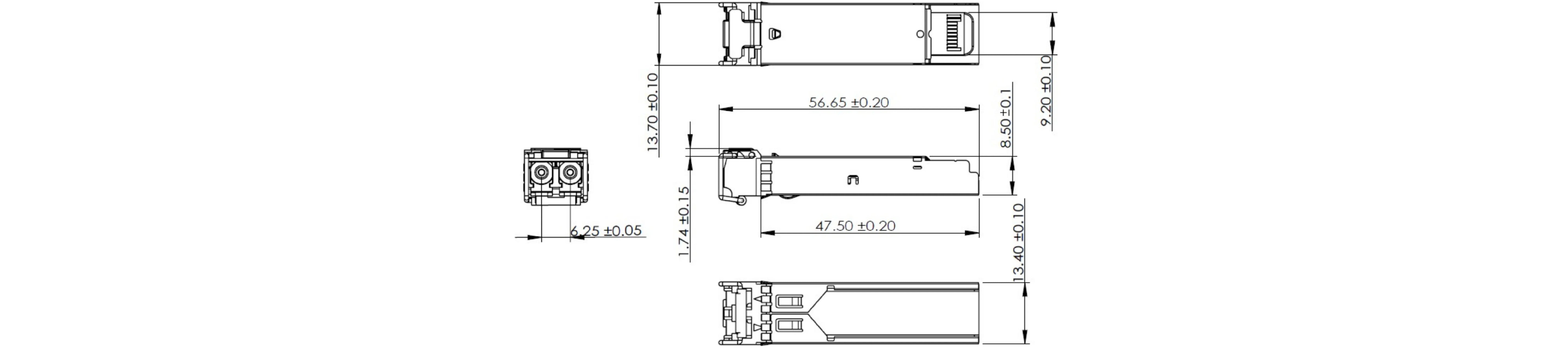 Zutto ZTSP-MM850001 1.25Gbps SFP optical transceiver dimension drawing, compliant with IEEE 802.3z 1000Base-SX standard, multimode dual-fiber design, featuring an 850nm VCSEL laser and PIN photodetector, suitable for data centers, metro networks, and fiber link expansion, standard LC duplex connector, hot-pluggable, with a maximum transmission distance of 550 meters.