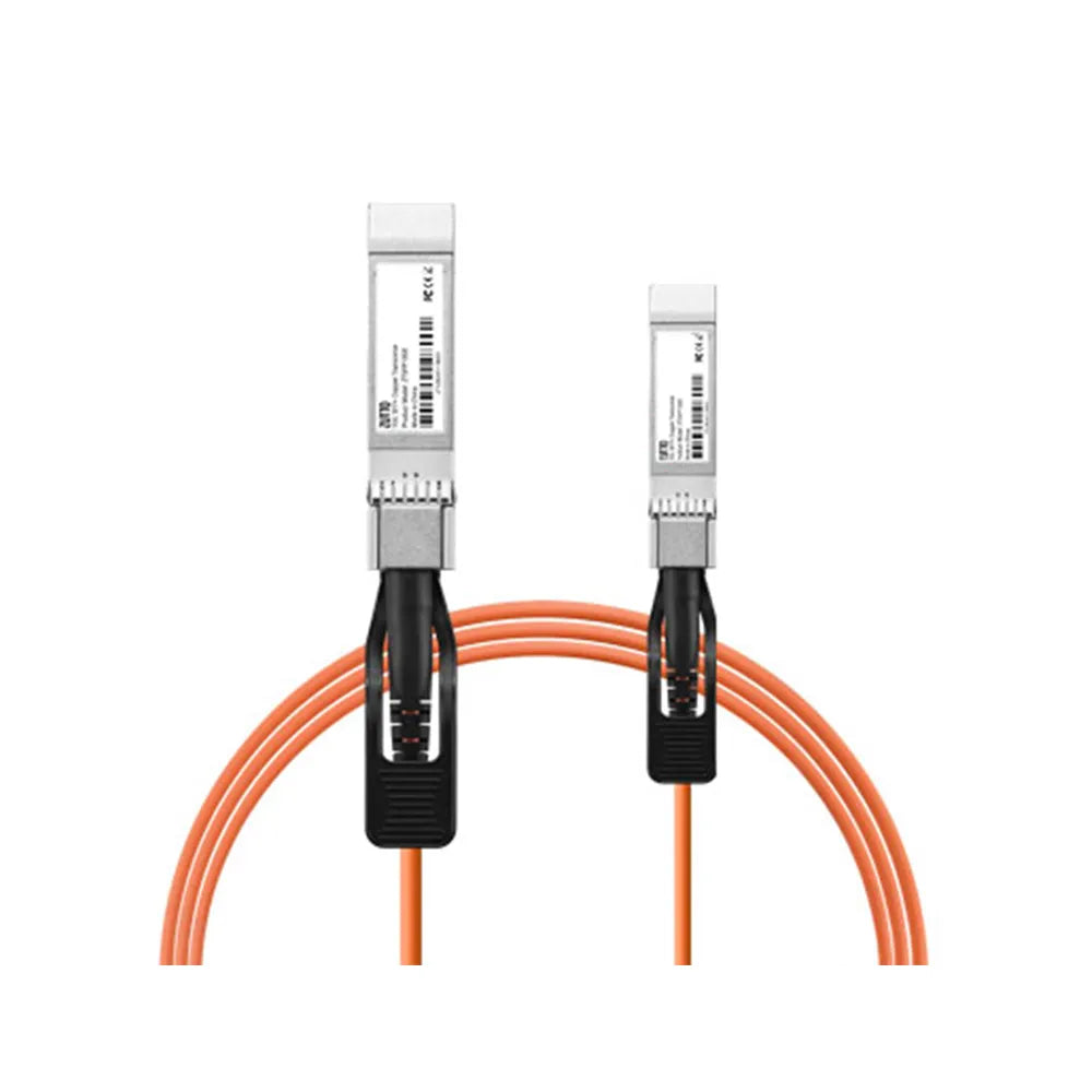SFP+ Active Optical Cable (AOC), orange fiber optic cable with dual SFP+ connectors, supports 10Gbps high-speed data transmission, ideal for data centers, high-performance computing, and storage networking.