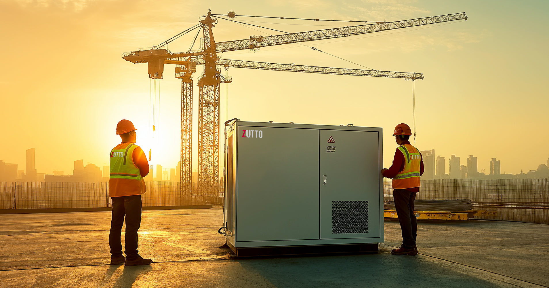 Two construction workers inspecting a Battery Energy Storage System (BESS) unit at a construction site in Singapore, showcasing its role in reducing energy costs and emissions.