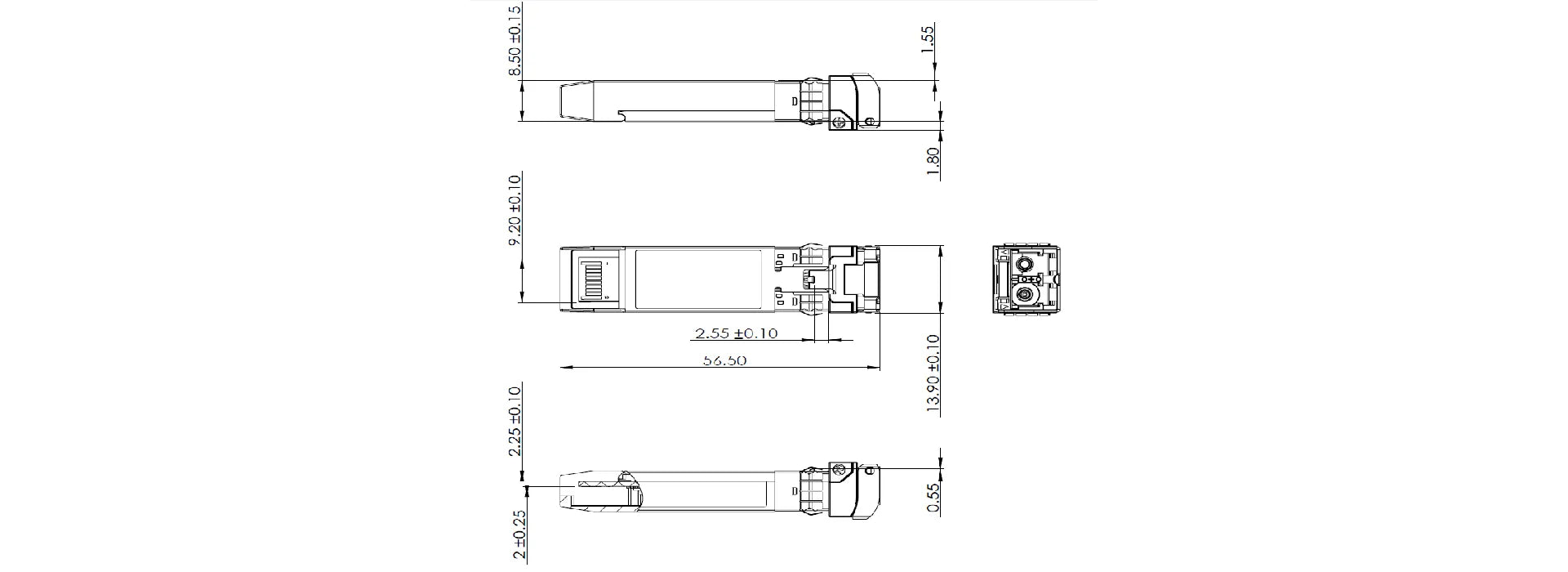 Dimensional drawing of ZT25SP28 25G SFP28 Optical Transceiver Module, showing detailed length, width, and height measurements with accurate pin layout and connector placement for easy integration into network equipment.