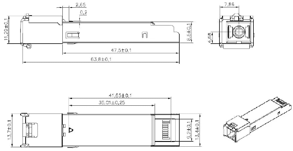 ZTSPGN-ONU25B1001 GPON ONU SFP transceiver technical diagram displaying multiple perspectives including top, side, and front views with precise dimensions. Designed with an LC/UPC connector, it supports high-speed GPON applications in FTTH/FTTP networks and provides seamless integration with optical network terminals (ONTs).