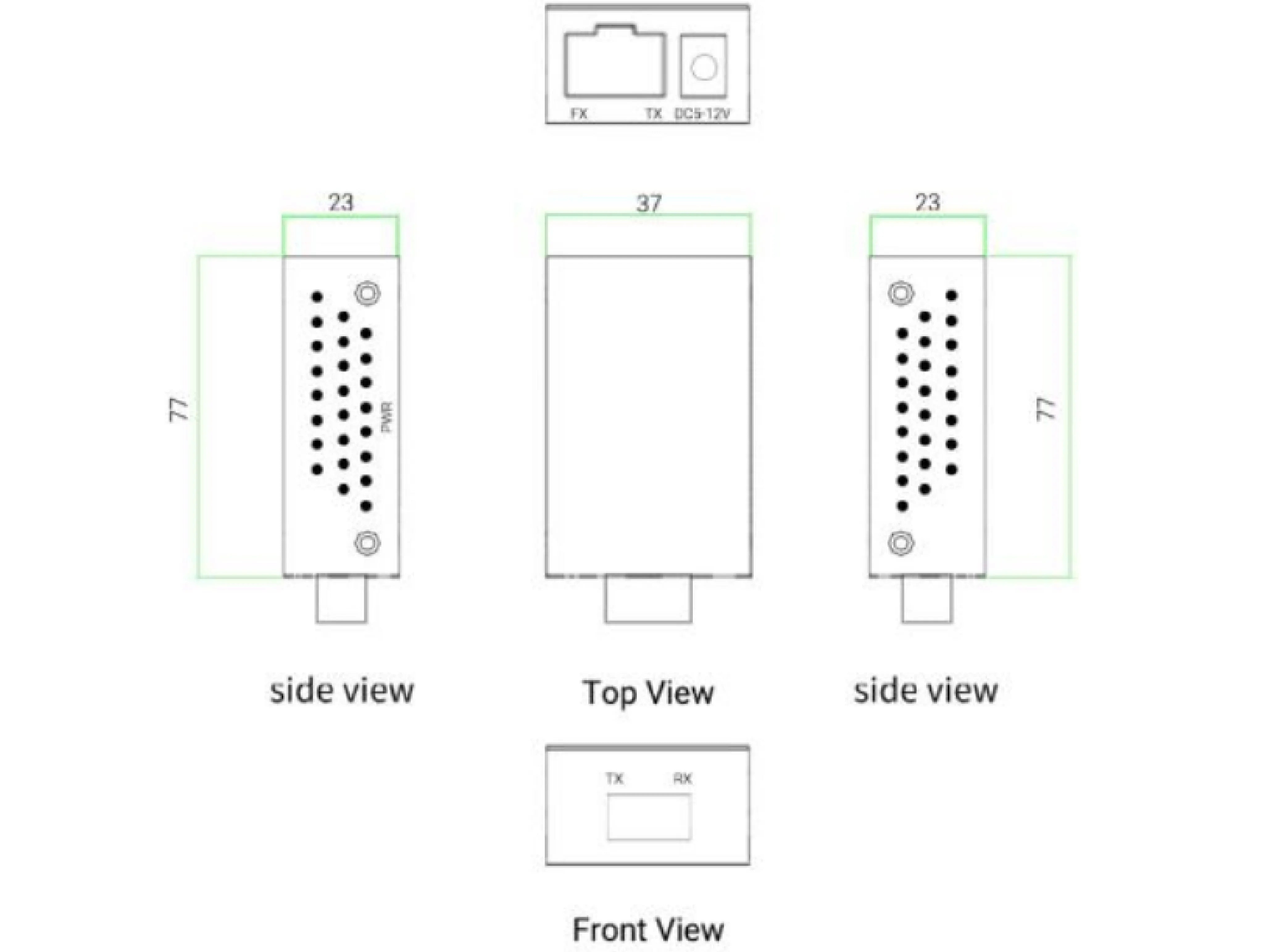 ZT1GE-1F1E003 Mini Gigabit Media Converter dimensions diagram, showing 77mm x 23mm side view, 37mm x 77mm top view, and front view with TX/RX ports for seamless Ethernet-to-fiber conversion, ideal for industrial and enterprise networks