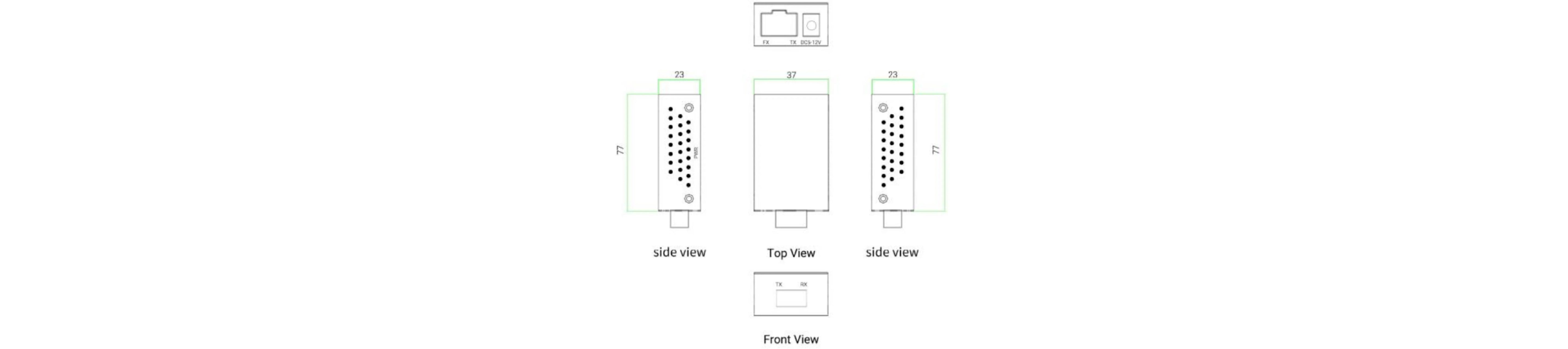 ZT1GE-1F1E003 Mini Gigabit Media Converter dimensions diagram, showing 77mm x 23mm side view, 37mm x 77mm top view, and front view with TX/RX ports for seamless Ethernet-to-fiber conversion, ideal for industrial and enterprise networks