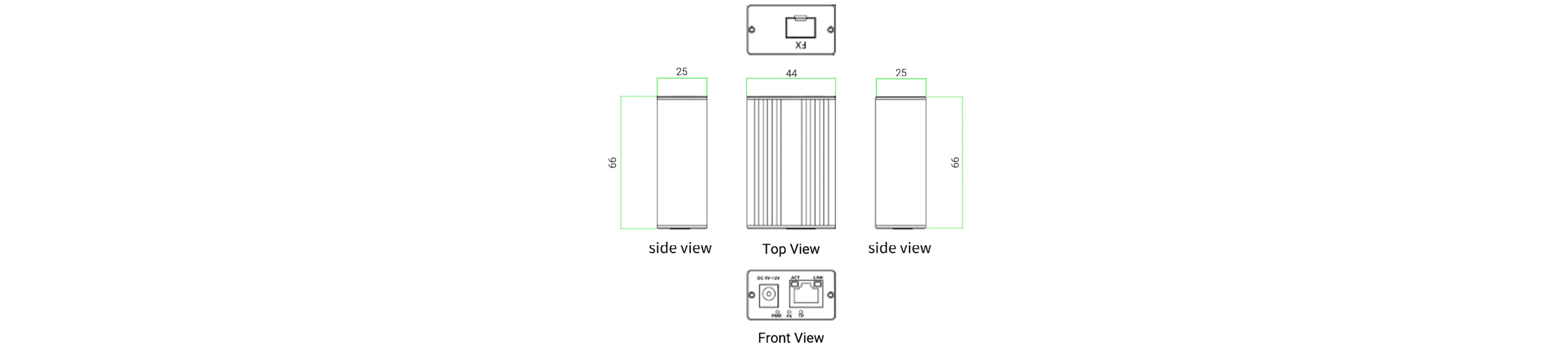 ZT1GE-1F1E003 Mini Gigabit Media Converter dimensions diagram, showing 66mm x 25mm side view, 44mm x 66mm top view, and front view with TX/RX ports for seamless Ethernet-to-fiber conversion, ideal for industrial and enterprise networks