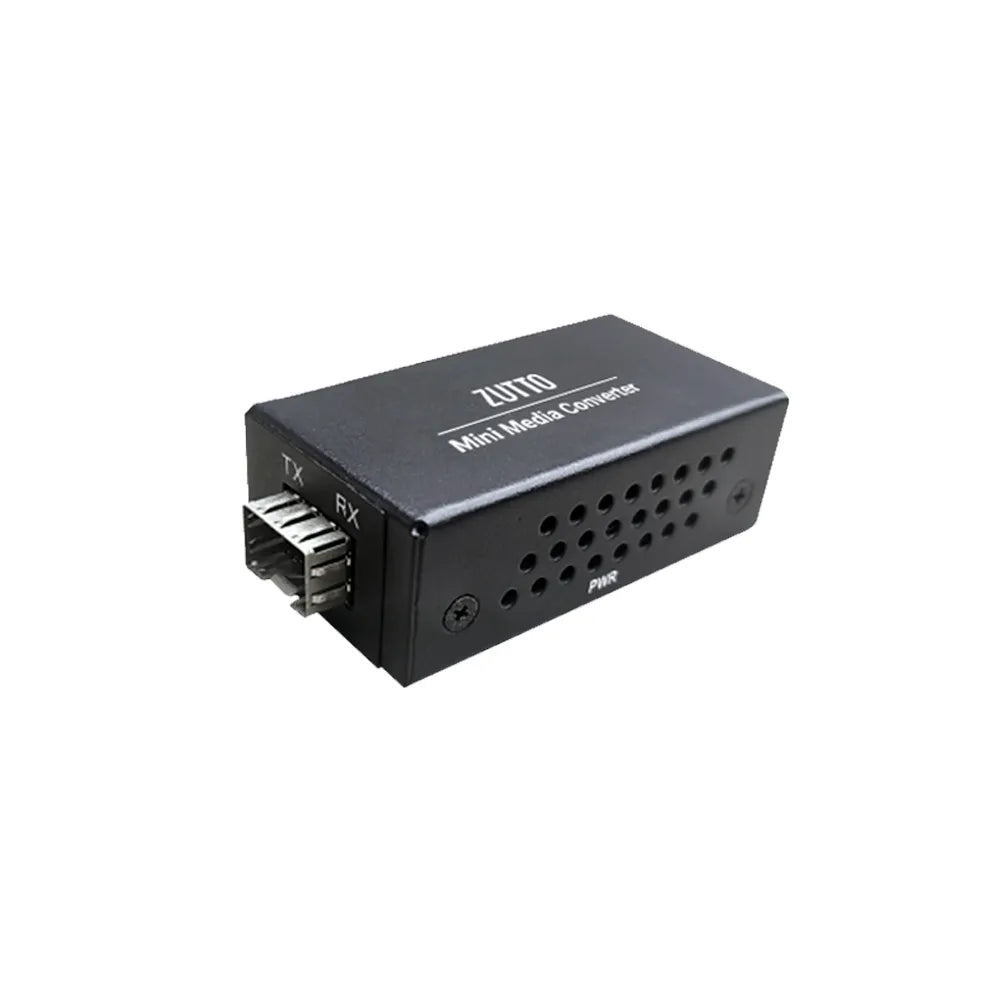 ZT1GE-1F1E003 Mini Gigabit Media Converter with Realtek carrier-grade chipset, featuring SFP port for fiber input, RJ45 Ethernet output, and DC 5-12V power input, ideal for security surveillance, wireless coverage, and smart city applications