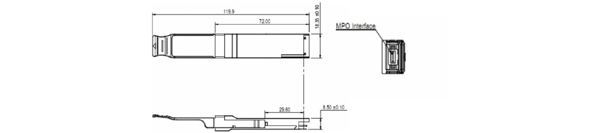 Zutto ZT40QSPX-100M001 40Gbps QSFP+ transceiver with MTP/MPO interface, showing detailed dimensions and structure. Ideal for high-speed data center and metro network applications over OM3 and OM4 multimode fiber.