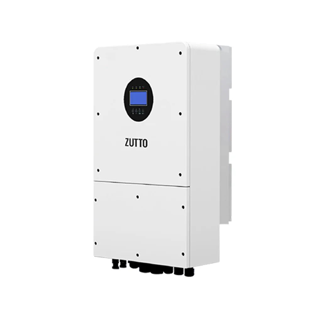 Zutto InverCore03 hybrid inverter with a modern wall-mounted design, featuring an LCD display for monitoring energy usage. Supports 48V lithium batteries, MPPT solar charging, and smart UPS functionality. Designed for grid-tied and off-grid solar power systems in Singapore.