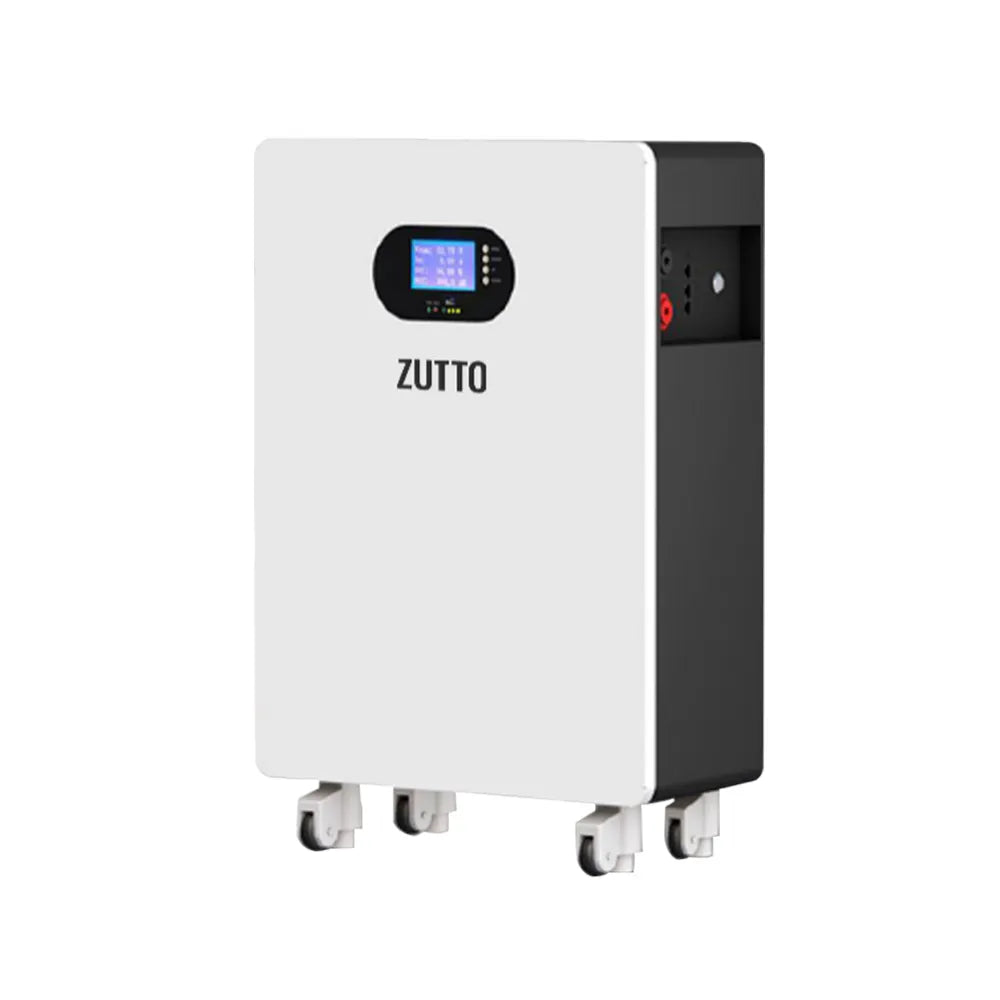 Zutto LifeGrid02 portable energy storage system with a 51.2V nominal voltage and 14.3kWh-20kWh capacity options. Designed with heavy-duty wheels for easy mobility, ideal for residential and light commercial applications, and seamlessly integrates with solar systems.