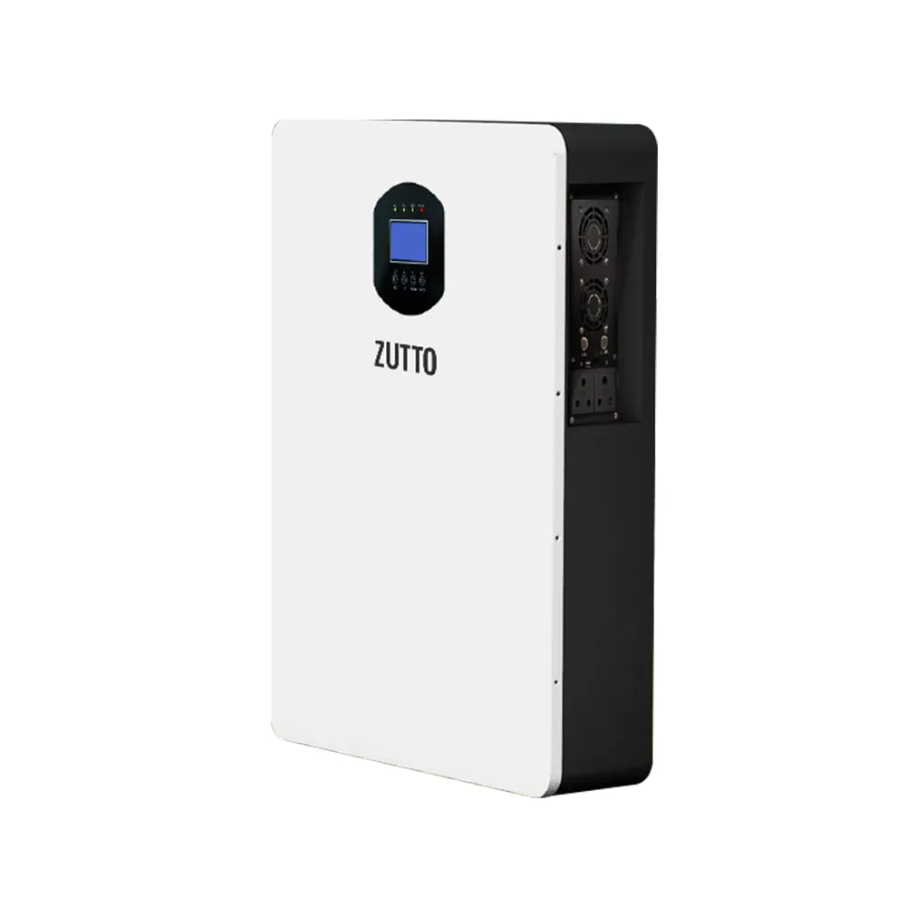 Zutto LifeGrid04 wall-mounted all-in-one energy storage system with an integrated lithium battery, inverter, and UPS function. Features a modern white and black design with an LCD display for monitoring power usage. Designed for sustainable residential and light commercial energy storage in Singapore.