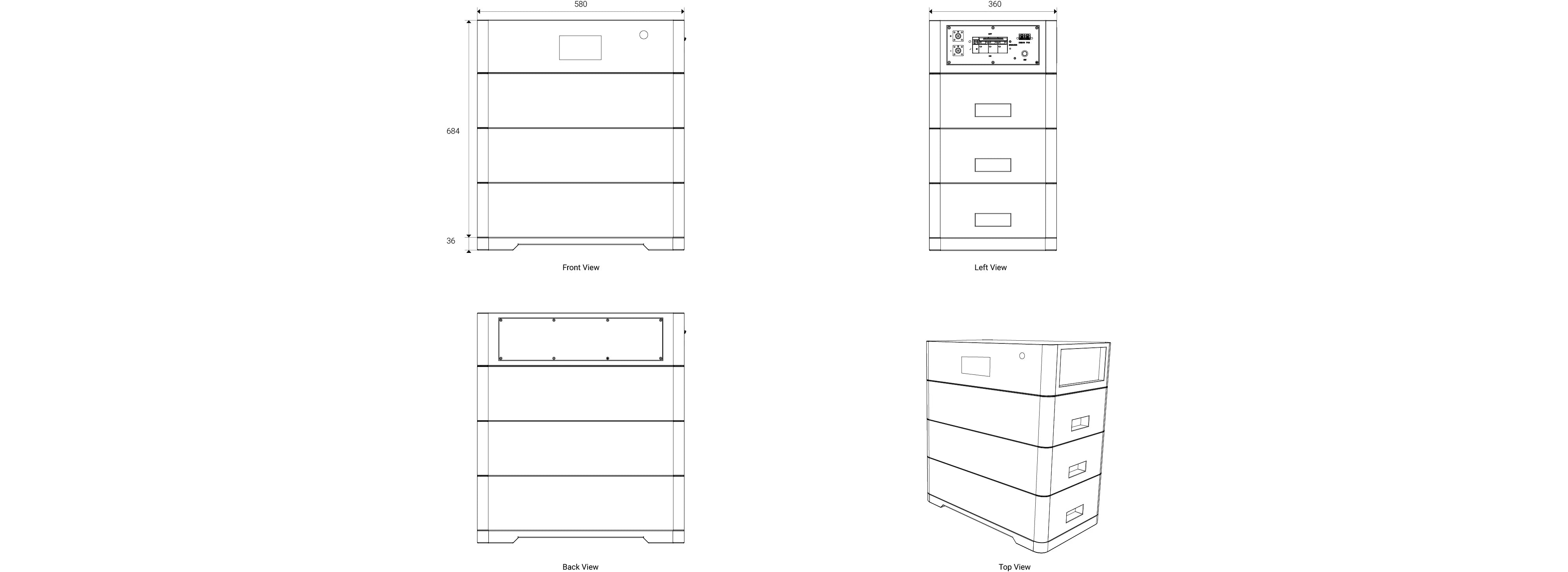 Mechanical dimensions of Zutto PowerCore 01 showing front, left, back, and top views for accurate installation planning.