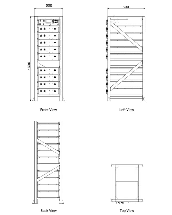 Zutto PowerVault04 high-voltage energy storage system technical dimension drawing, featuring front, left, back, and top views. Designed for large-scale industrial and commercial energy storage applications, it offers flexible battery capacities from 30.7kWh to 61.4kWh, with a maximum voltage of 614V. The modular design allows seamless integration with primary power grids or backup energy systems, ensuring efficient, safe, and stable energy management. Ideal for data centers, microgrids, renewable energy sto