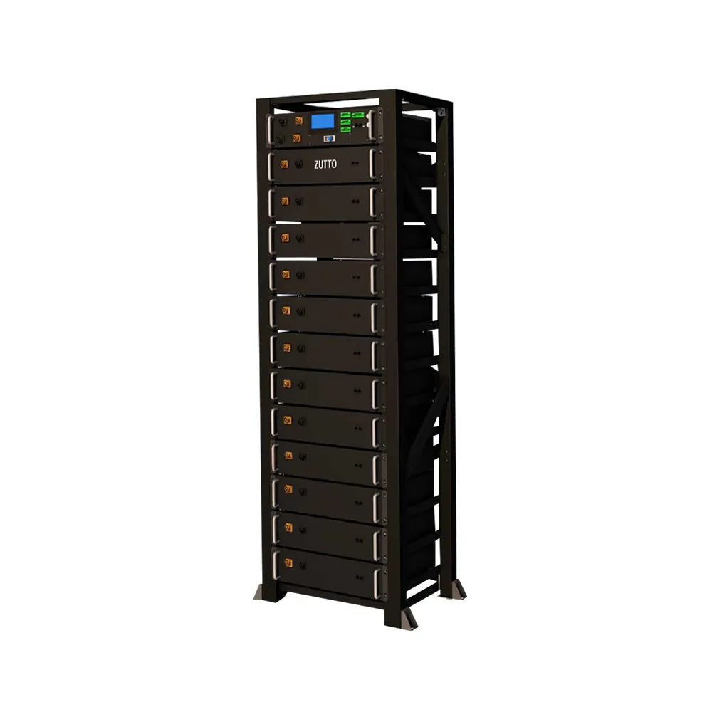 The Zutto PowerVault04 high-voltage energy storage system features a sleek, black modular cabinet design with multiple battery modules stacked vertically. The top section includes a digital control panel for real-time monitoring and diagnostics. With an energy capacity ranging from 30.7kWh to 61.4kWh and a voltage of up to 614V, this scalable system is ideal for industrial and commercial applications requiring reliable and efficient energy management.