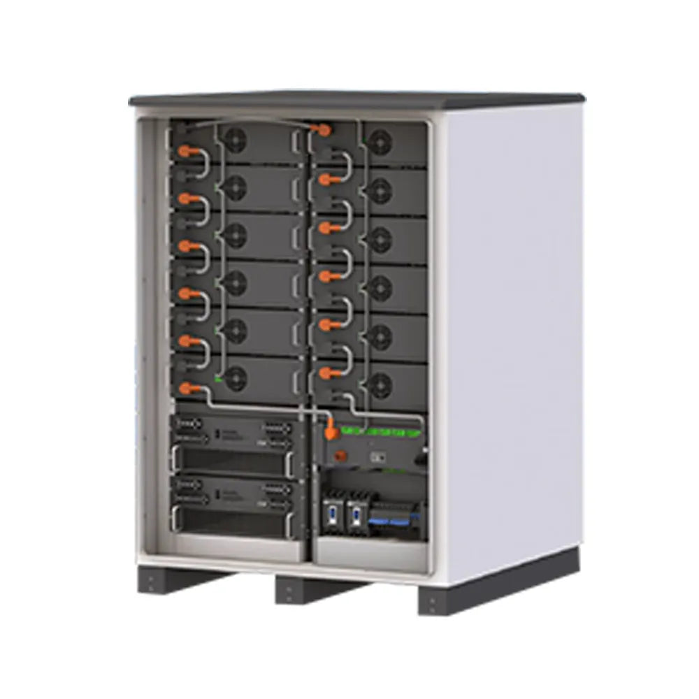 Zutto PowerVault11 open-frame industrial and commercial energy storage cabinet with IP54 protection, supporting 32kWh to 215kWh capacity and up to 100kW PCS output. Integrated with BMS, PCS, and EMS, ideal for solar and hybrid grid energy storage solutions in Singapore, enhancing efficiency and stability.