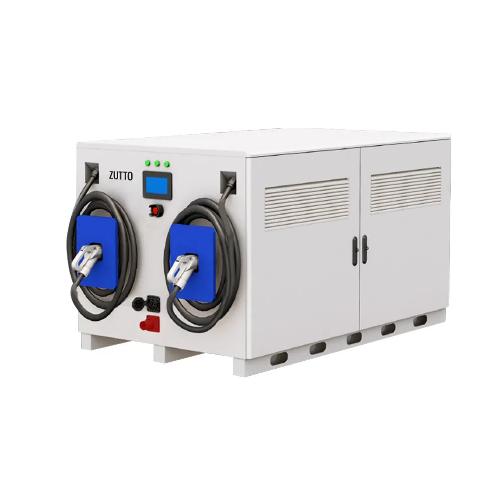Close-up view of the Zutto PowerVault14 modular energy storage system featuring a durable, weather-resistant enclosure (IP54-rated), dual fast-charging ports, and an advanced battery management system (BMS). Designed for electric vehicle charging stations in Singapore, it supports both AC and DC charging, enabling efficient energy utilization from renewable sources and the power grid.