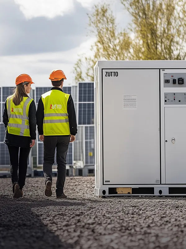 ZUTTO sustainable energy storage solutions with engineers inspecting advanced battery storage systems. The image highlights renewable energy infrastructure with efficient energy management, contributing to a greener and sustainable future.