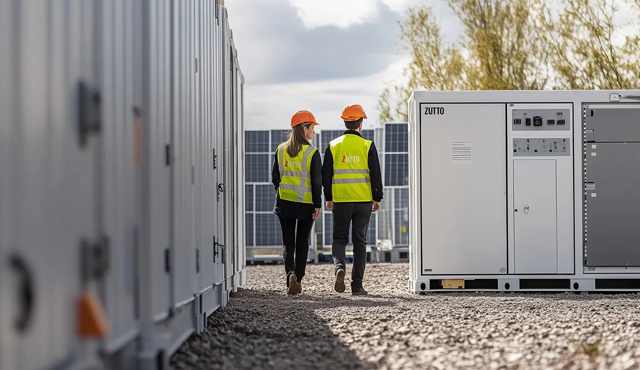 ZUTTO sustainable energy storage solutions with engineers inspecting advanced battery storage systems. The image highlights renewable energy infrastructure with efficient energy management, contributing to a greener and sustainable future.