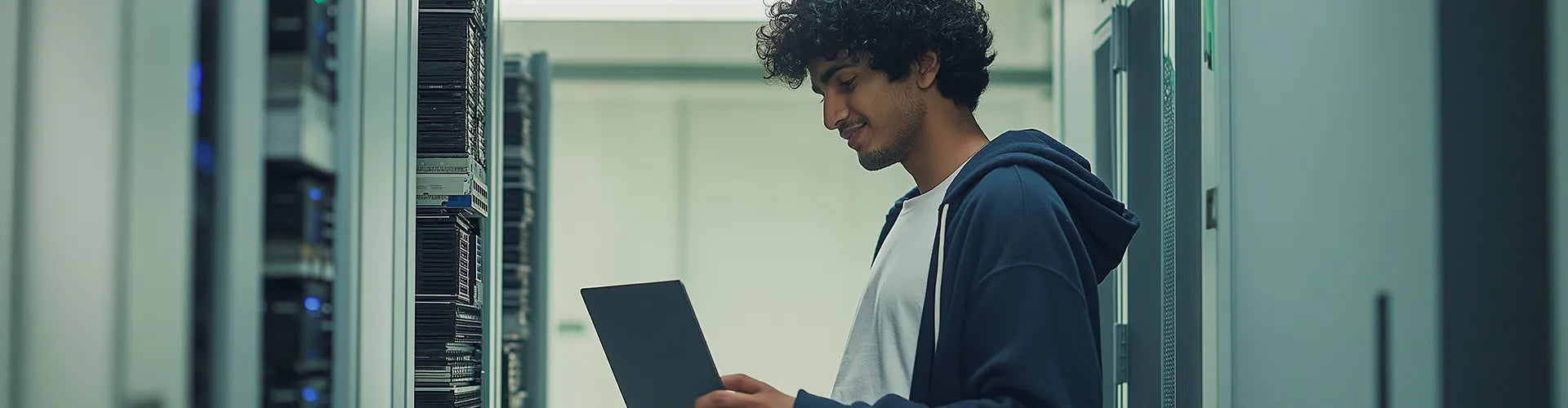 A young IT professional with curly hair, wearing a hoodie, working in a data center while holding a laptop and inspecting server racks, representing ZUTTO's commitment to offering more than just products by building long-term partnerships focused on innovation, quality, and responsibility.