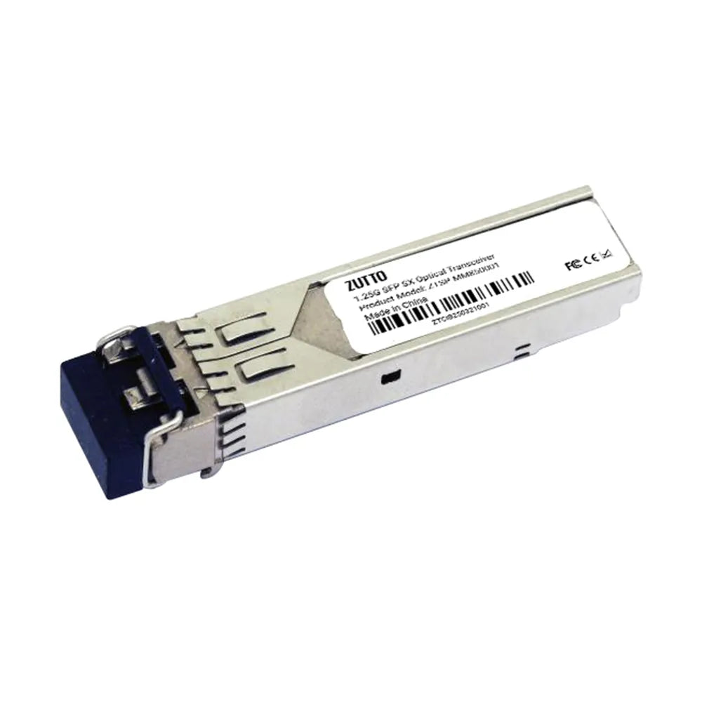 Zutto ZTSP-MM850001 1.25Gbps multimode SFP optical transceiver, 850nm wavelength, LC duplex interface, supports up to 550m transmission distance, compliant with IEEE 802.3z 1000Base-SX Ethernet standard, low power consumption (<1W), compatible with SFF-8472 Digital Diagnostic Monitoring (DDM), widely used in data centers, metro networks, wireless communication, and fiber expansion applications. Designed with a standard SFP form factor, hot-pluggable installation, and excellent EMI shielding for stable optic