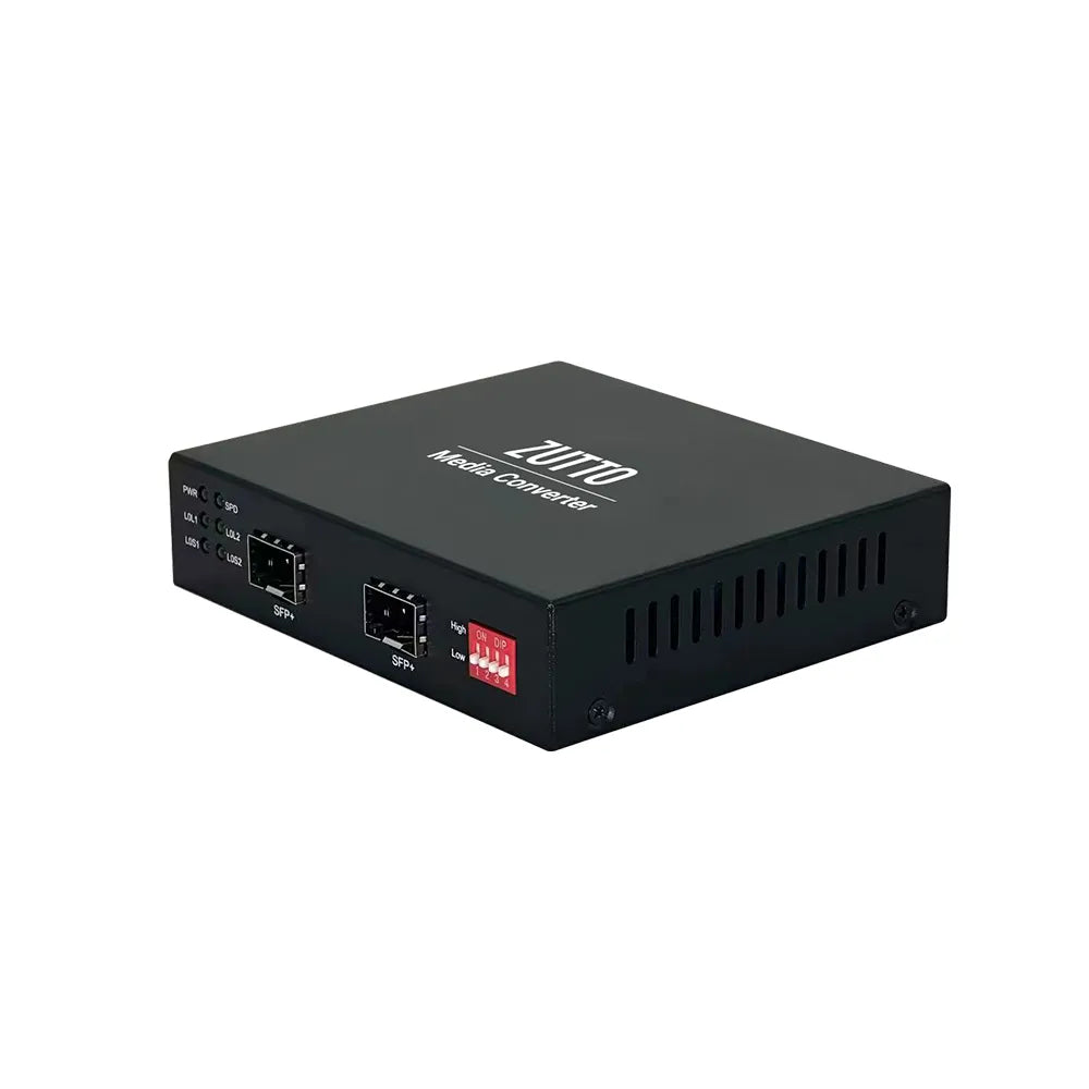 Zutto ZT10SPX-2F high-performance 10G media converter with dual SFP+ ports, supporting 10GBase-SR multi-mode fiber and 10GBase-LR single-mode fiber, with a transmission range of up to 300 meters, ideal for data centers, high-speed networks, and fiber communication environments in Singapore.